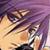 Pixelated close-up of a character with purple hair and light skin, showing eyes, nose, mouth, and part of the face against a gradient background.