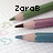 Pixelated image showing three colored pencils with visible text 'ZoroB' above them on a light background with faint heart shapes.