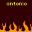 Yellow text 'antonio' appears twice on a dark brown background above orange pixelated flames.