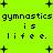 Bright green background with black pixelated text repeating 'gymnastics is life.' and scattered black plus signs.