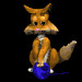 Animated fox avatar with orange fur, white chest, and pink nose, holding a blue ball on black background.