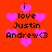 Red background with pink hearts and black text reading "i love Justin Andrew<3" in pixelated font.