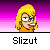 Pixelated character with blonde hair and glasses holding a cigarette, set against purple-pink gradient background with gray text bar below.