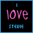 A 2-frame animated contact sheet showing a pixelated pink 'love' text animation with blue 'stevie' text below, on black background with cyan border.