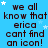 Blue background with repeated text "we all know that erica cant find an icon!" in dark brown pixelated font, scattered white stars.
