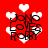Red background with white heart shapes and black text reading 'JONO LOVES ROBY' in a pixelated style.