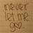 Text 'never let me go' in brown cursive with a heart symbol, displayed on a light brown background.