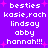 Purple background with white pixelated text listing names and 'besties' surrounded by pink starbursts.