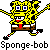 Pixelated yellow sponge character with blue eyes, red tie, brown pants, and white shirt in two side-by-side poses against gray background.