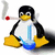 Pixelated penguin with black head and wings, white belly, yellow beak and feet holds a smoking cigarette in its mouth and blue glass flask between legs.
