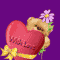Pixelated cartoon bear holding a red heart with yellow bow, purple background, flower on head; left view shows closed eyes, right view shows open eyes.