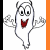 Animated ghost icon with white body, red mouth, and gray limbs in two poses: arms outstretched left-right and arms forward.