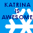 Blue background with white snowflake icons and dark blue text reading "KATRINA IS AWESOME" in four quadrants.