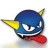 Blue cartoon fish with yellow fins and a red tongue sticking out, white eyes with black pupils, pixelated style on light background.