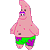 Pixelated pink starfish character with green shorts and purple waistband, standing upright against white background.