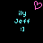Pixelated cyan text and symbols on black background with pink heart above.