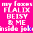 Pixelated text on a split background with pink and purple sections, showing 'my foxes FLALIX BEISY & ME inside joke' with a blue star and red star in different frames.