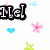Pixelated text 'Mel' in bold black outline with white fill, surrounded by pink flowers, blue hearts, and green X shapes on white background.