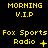 Yellow pixelated text on black background showing 'MORNING V.I.P' and 'Fox Sports Radio' with varying symbols next to 'Radio'.