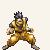 Pixelated character in golden martial arts uniform performing sequential combat poses with clenched fists and dynamic stances.
