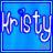 Two side-by-side blue square frames with light blue borders display the name 'Krysty' in white cursive text, each containing a small gray 'DC' symbol at bottom center.