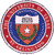 Circular pixelated icon with red outer ring, blue middle ring, and central shield featuring white star, green wreath, and gray building on white background.