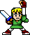 Pixel art character with yellow hair, green tunic, red boots, blue shoulder straps, holding white sword and raised fist.