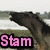 Four distinct visual display the word 'Stam' or 'STAM' in pink text with black outlines against varied backgrounds including a horse, pink patterns, and solid colors