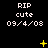 Black background with white text reading 'RIP cute 09/4/08' repeated across three , yellow star-like symbols and dots animating in various positions