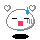 Pixelated white circular character with closed eyes, red square mouth, blue teardrop, and four white hearts on gray background.
