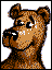 Pixelated cartoon dog head in three distinct poses with varying expressions and mouth positions on white backgrounds.