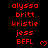 Red text lists names and 'BFFL' on black background with small red hearts, static display of repeated name sequences.