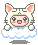 Pixel art character in white cat-eared hood with black stripes, pink cheeks, and open mouth, floating on white cloud with blue outline against gray background.