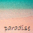 Pixelated beach scene with gradient sky transitioning from teal to peach, featuring the word 'paradise' in multicolored block letters at bottom.