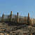 Pixelated landscape with multiple vertical structures against a clear blue sky, ground appears textured with brown and gray tones.
