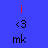 Blue background with vertical arrangement of red and black text elements including 'i', '<3', and 'mk' in pixelated font, some characters change color between observations.