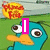 Animated sequence showing a blue cartoon duck with an orange beak, eyes shifting from neutral to heart-shaped pupils while text changes from 'I' to 'Perry!' over green grass and water background.