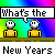 Pixelated cartoon figures with white heads and yellow bodies stand against a rainbow gradient background, with speech bubbles displaying text and a gray bar with 'New Years' text.