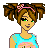 Pixel art icon of a cartoon female character with brown pigtails, green eyes, and a pink bow headband wearing a light blue sleeveless top with floral pattern.