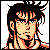 Pixel art portrait of a character with spiky black hair, orange highlights, and checkered eyes on a gray background.