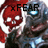 Pixelated red skull with white eyes and teeth, holding a white object, next to a gray figure with blue eyes and a red top, with 'FEAR' text above.