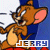 Pixelated cartoon mouse character in blue shirt and red pants with text label "JERRY" at bottom, static image on white/blue background.