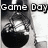 A pixelated black-and-white image of a character holding a bomb with 'Game Day' text above, transitioning from full visibility to partial disappearance.