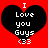 Two identical pixelated heart-shaped icons on red background with white text "I Love you Guys <33" inside black hearts.