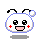 Pixelated character with white face, black eyes, red cheeks, pink mouth, and blue outline on gray background.