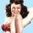 Pixelated vintage-style image of a woman with dark curly hair and red lipstick, wearing a white top with red accents against a light blue background.