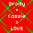 Red background with green crisscross lines and white text reading "Brody + Cassie = LOVE" repeated twice in a
