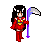Pixel art character in red outfit holding a purple scythe with white blade, shown across six poses on gray background.