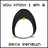 Pixelated penguin icon with black head, white body, and orange beak and feet, displayed in a with repeated text below