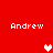 Red background with four white 'Andrew' text blocks and three pixelated heart icons in varying shades of pink.